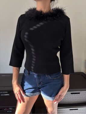 Y2K Black Whimsygoth Faux Feather Maximalist Top Grunge Sweater - XS - Small
